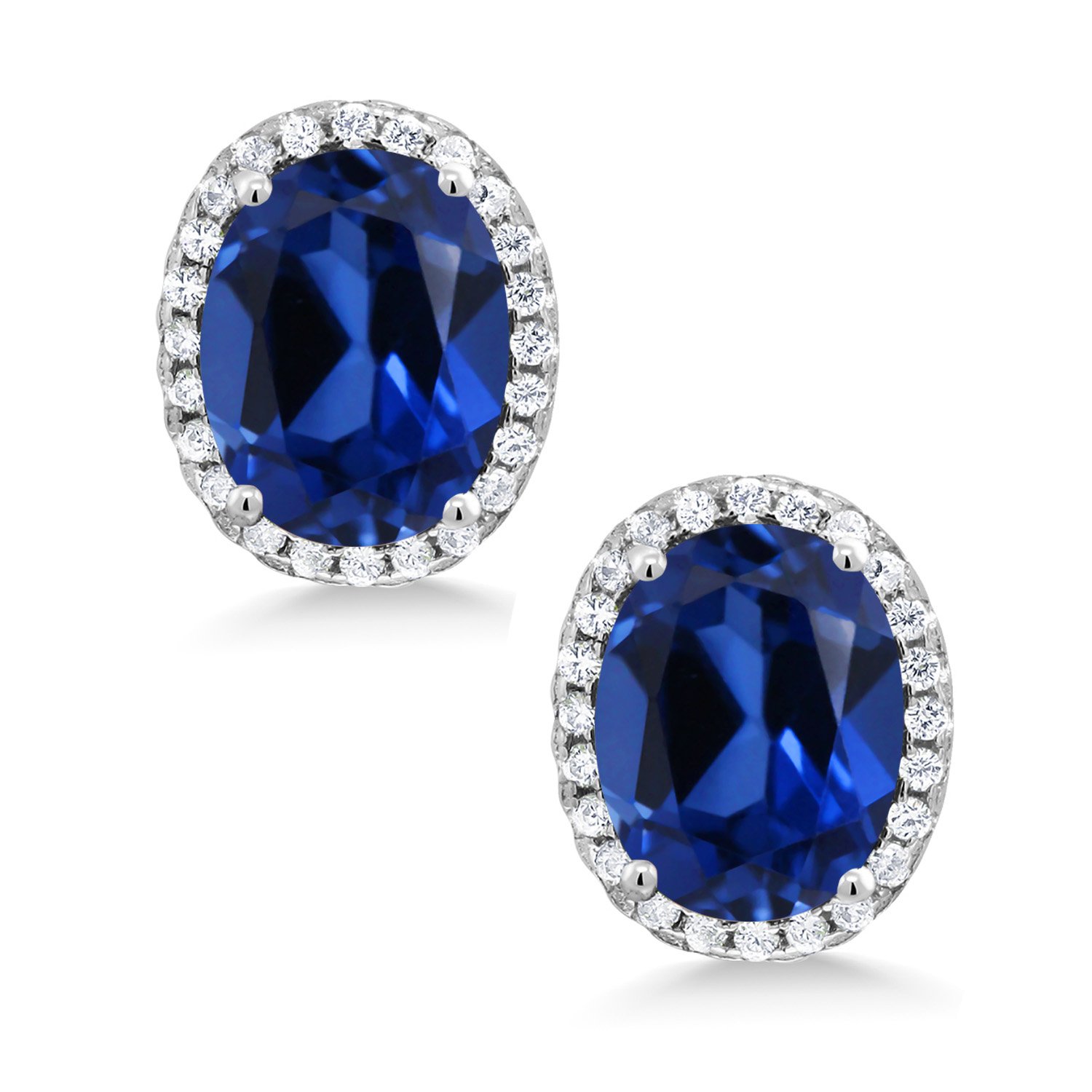 Gem Stone King 5.08 Cttw Blue Created Sapphire Halo Earrings For Women In 925 Sterling Silver | Oval 9X7MM