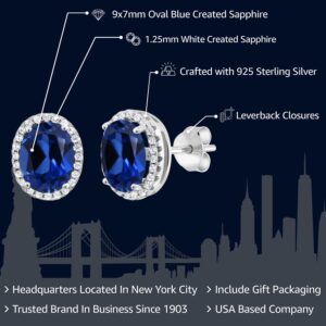 Gem Stone King 5.08 Cttw Blue Created Sapphire Halo Earrings For Women In 925 Sterling Silver | Oval 9X7MM