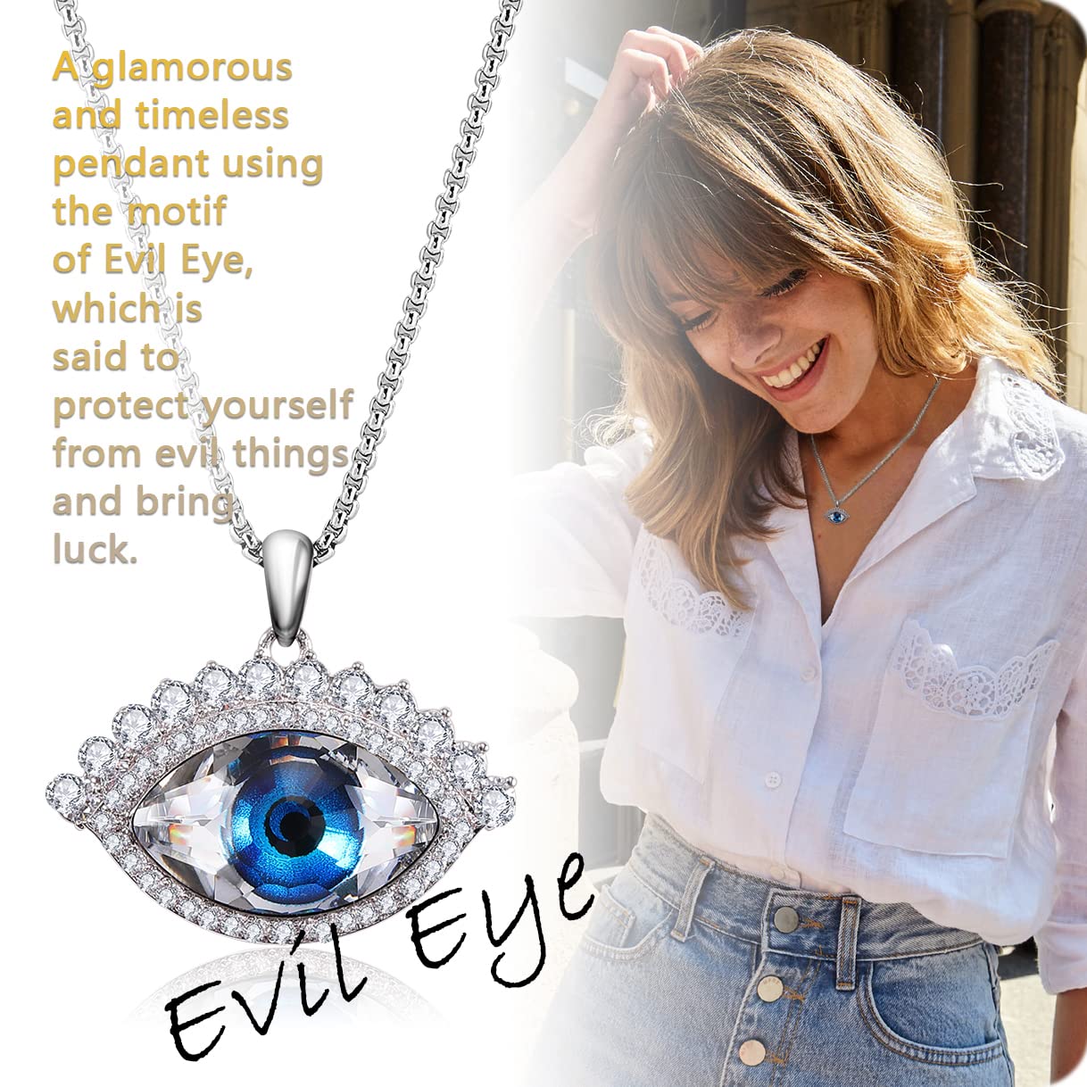 Richapex Evil Eye Pendant Necklace 18K White gold Plated Necklace Pure Crystal Eye Pendant Protection Necklace Ojo Turco Greek Protection Jewelry for Women