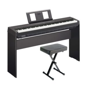 yamaha p45 88-key weighted digital piano home bundle with wooden furniture stand and bench