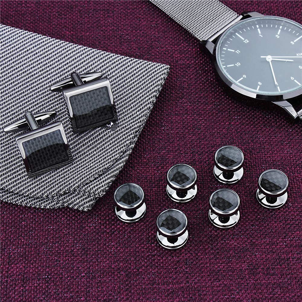 Mens Cufflinks and Tuxedo Studs Set in Gift Box (Carbon Fiber), Jewelry or Accessories in Gold Silver Black Tone, Matching with Shirts Vest and Bow tie, Suitable for Birthday Wedding Anniversary