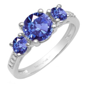 Dazzlingrock Collection 14K 7 MM Round Tanzanite And Round Diamond Ladies 3 Stone Engagement Ring, White Gold, Size 6.5