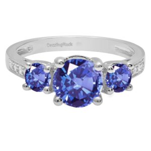 Dazzlingrock Collection 14K 7 MM Round Tanzanite And Round Diamond Ladies 3 Stone Engagement Ring, White Gold, Size 6.5