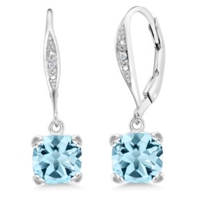 gem stone king 925 sterling silver sky blue topaz and white diamond earrings for women (3.71 cttw, gemstone november birthstone, cushion 7mm)