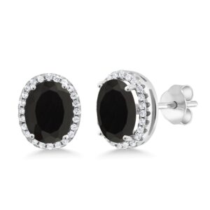 Gem Stone King 925 Sterling Silver Black Onyx Halo Earrings For Women (4.48 Cttw, Gemstone Birthstone, Oval 9X7MM)