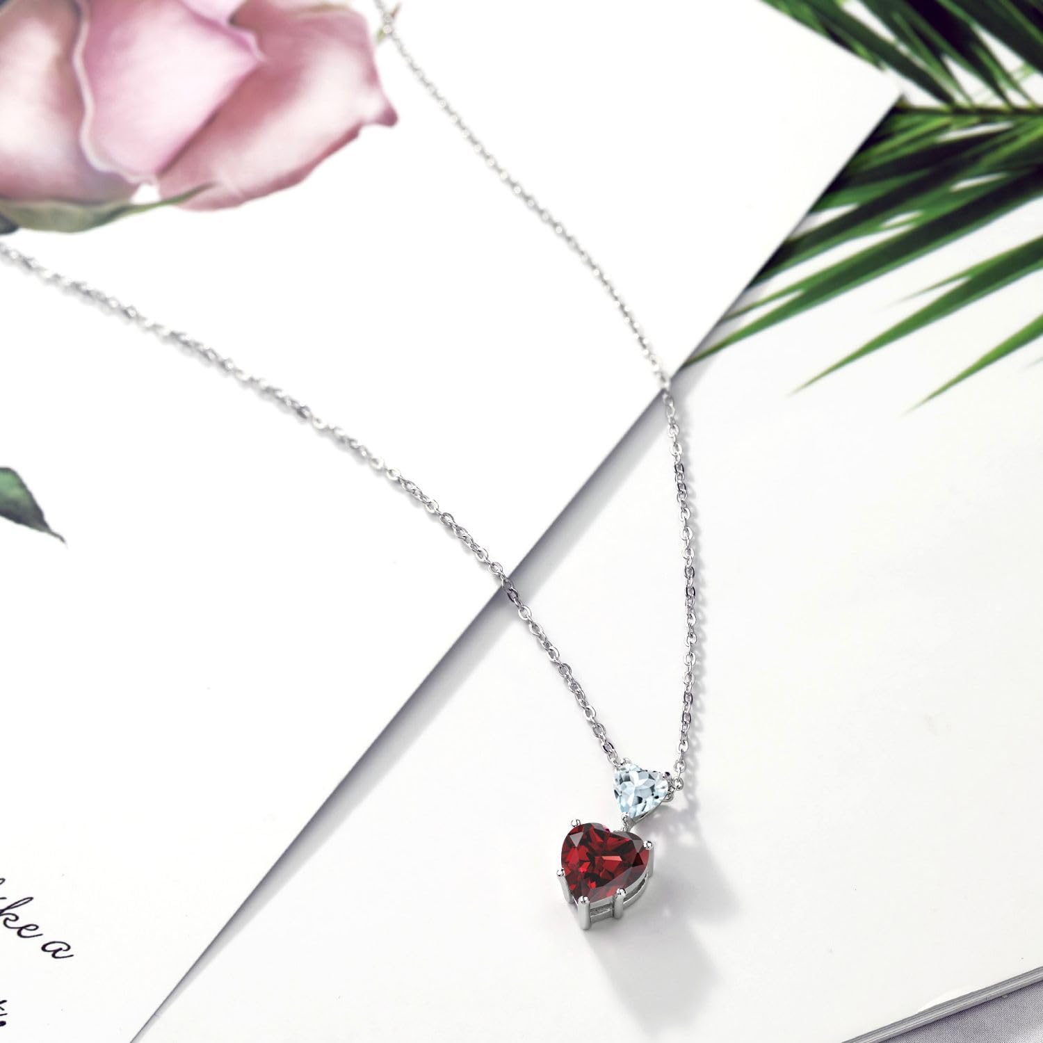 Gem Stone King 925 Sterling Silver Red Garnet and Sky Blue Aquamarine Double Heart Pendant Necklace for Women (2.42 Cttw, Heart 8MM and 5MM, with 18 Inch Silver Chain)