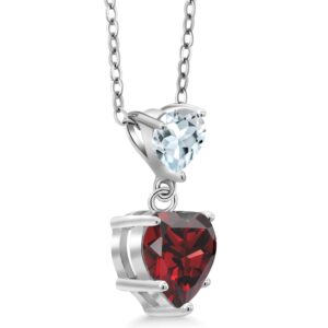 Gem Stone King 925 Sterling Silver Red Garnet and Sky Blue Aquamarine Double Heart Pendant Necklace for Women (2.42 Cttw, Heart 8MM and 5MM, with 18 Inch Silver Chain)