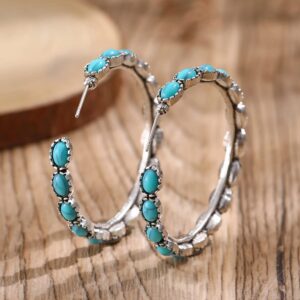 Turquoise Bohemian Metal Hoop Fashion Earring, Silver-Tone Faux Turquoise Hoop Earrings