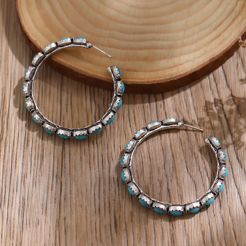 Turquoise Bohemian Metal Hoop Fashion Earring, Silver-Tone Faux Turquoise Hoop Earrings