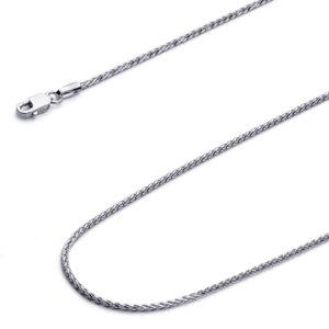 The World Jewelry Center 14k REAL White Gold 1mm Diamond Cut Round Wheat Chain Necklace with Lobster Claw Clasp - 16"