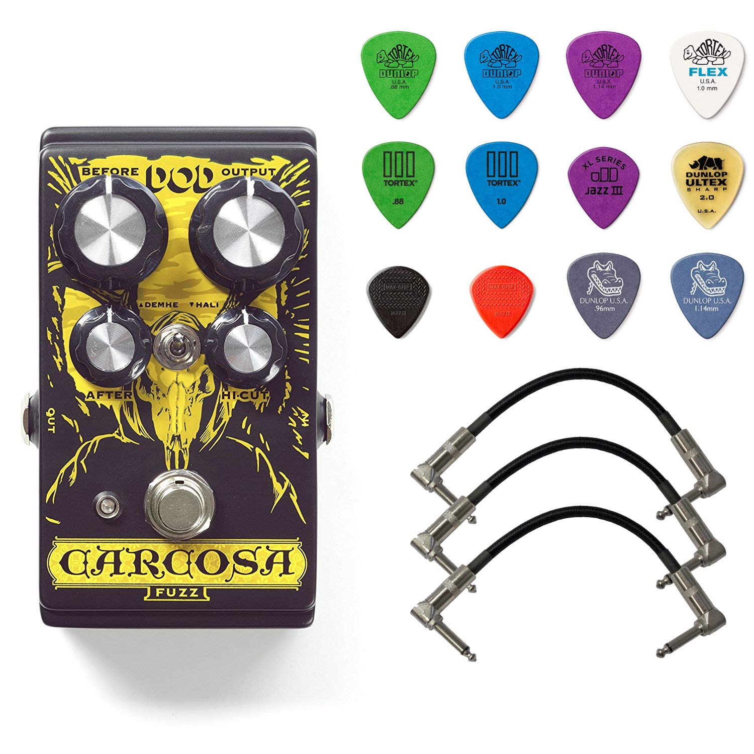 Digitech DOD Carcosa Fuzz Pedal Bundle with 3 Patch Cables and Dunlop Pick Pack