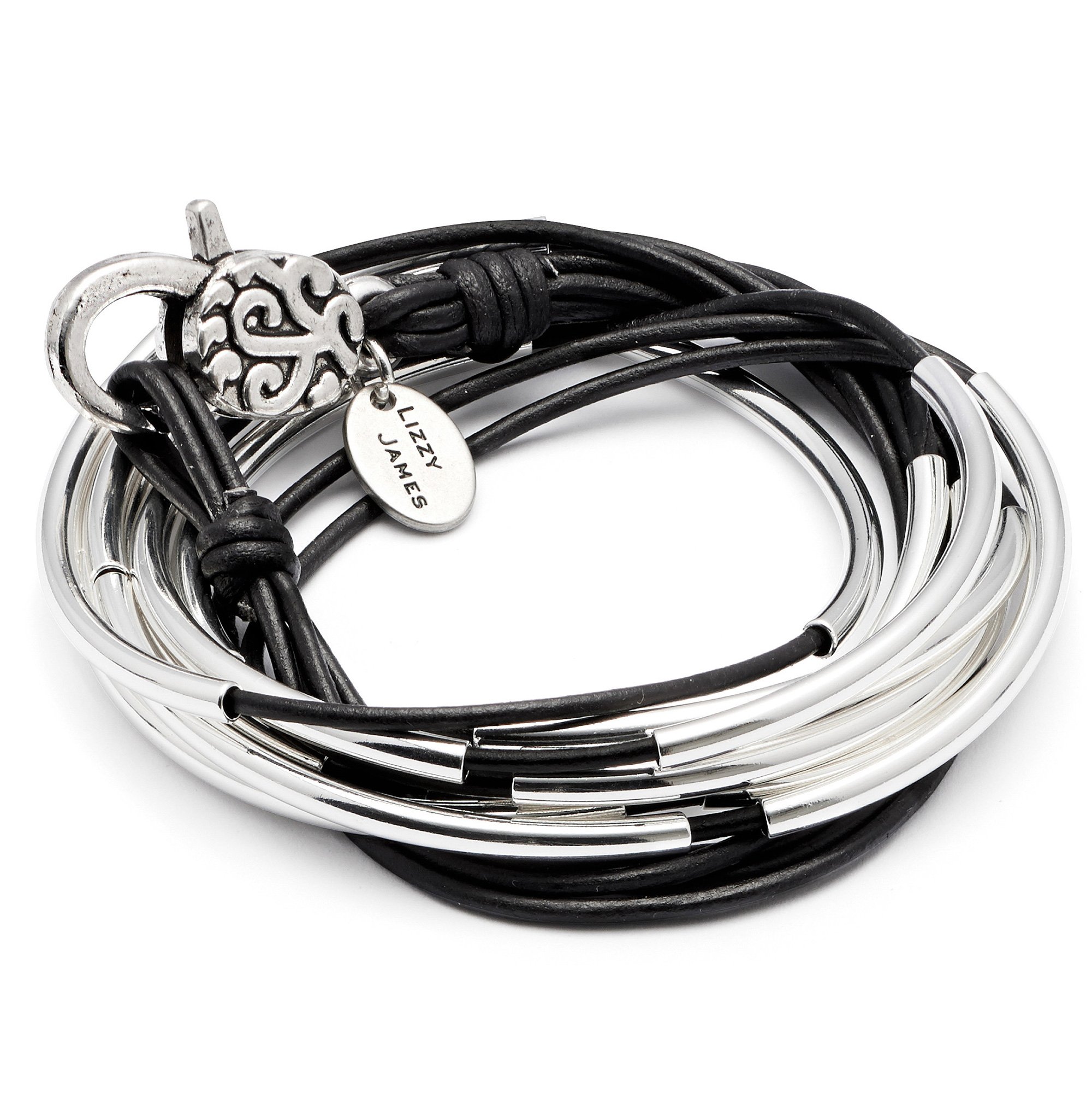 Lizzy Classic Natural Black Leather and Silver Wrap Bracelet Necklace (Large)