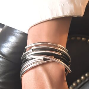 Lizzy Classic Natural Black Leather and Silver Wrap Bracelet Necklace (Large)