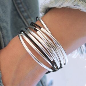 Lizzy Classic Natural Black Leather and Silver Wrap Bracelet Necklace (Large)