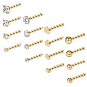 Ruifan 16PCS 20G Surgical Steel 1.5mm 2mm 2.5mm 3mm Top Flat & Ball & Clear Round & Jeweled Clear CZ Nose Stud Ring Bone Pin Piercing Jewelry - Gold