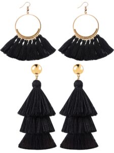 hestya 2 pairs tassel earrings for women girls handmade 3 tiered tassel dangle earrings and gold hoop earrings (black)