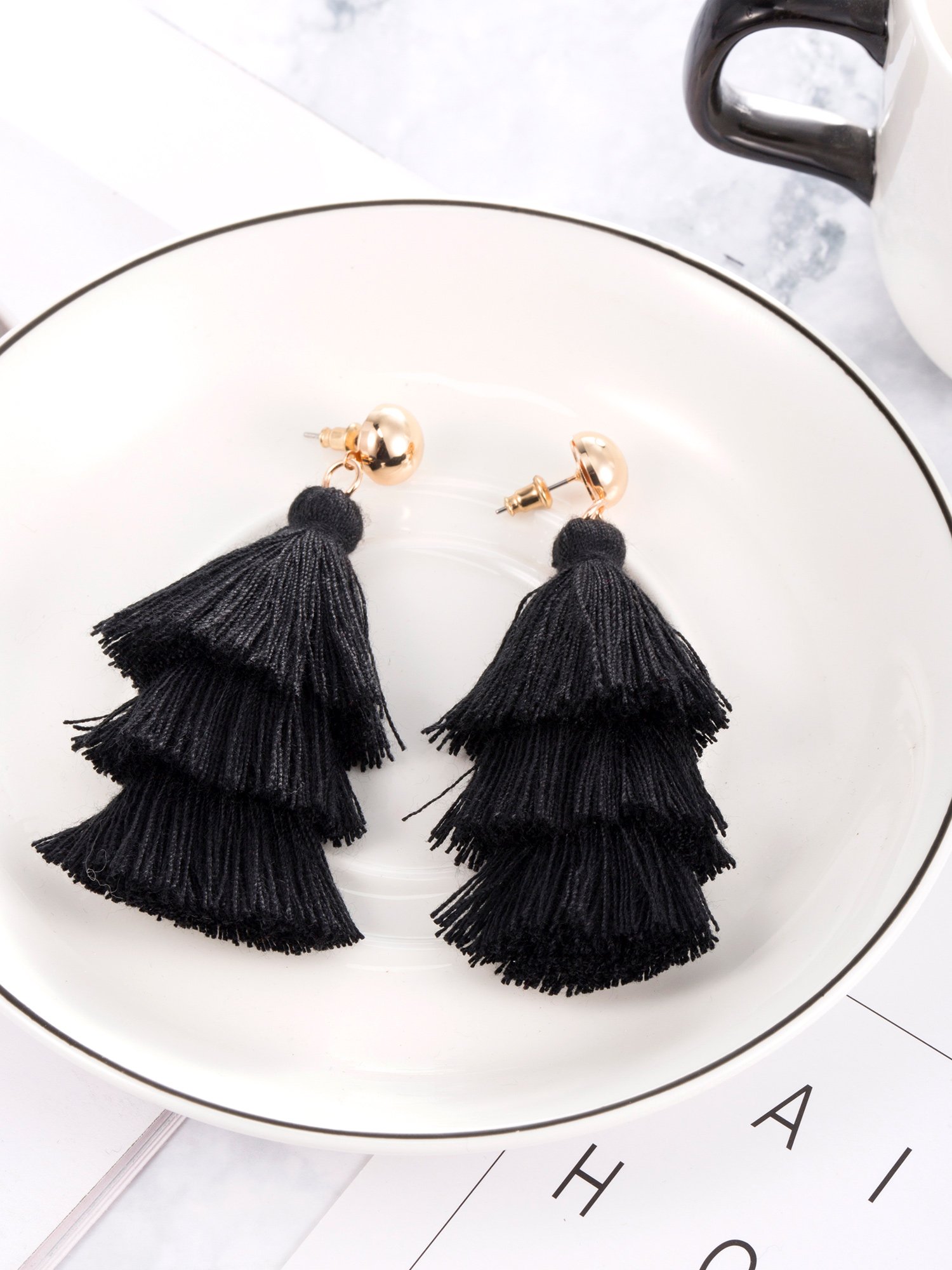 Hestya 2 Pairs Tassel Earrings for Women Girls Handmade 3 Tiered Tassel Dangle Earrings and Gold Hoop Earrings (Black)