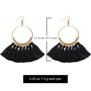 Hestya 2 Pairs Tassel Earrings for Women Girls Handmade 3 Tiered Tassel Dangle Earrings and Gold Hoop Earrings (Black)