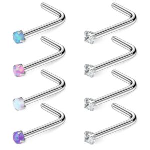 Ruifan 18G 316L Surgical Steel 1.5mm Mix Color Opal & Clear CZ Nose L-Shaped Rings Studs Ring Body Piercing Jewelry 8PCS