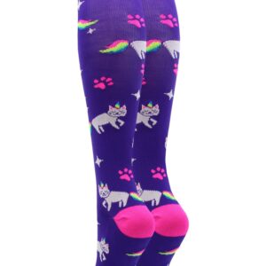 MadSportsStuff Neon Rainbow Caticorn Over the Calf Socks (Purple/Neon Pink, Small)