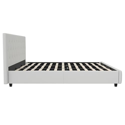 DHP Dakota Upholstered Platform Bed with Diamond Button Tufted Headboard and Footboard, No Box Spring Needed, King, White Faux Leather