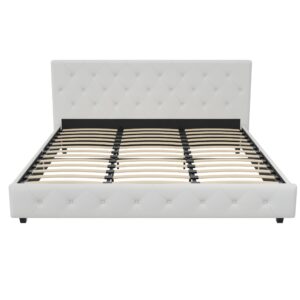 DHP Dakota Upholstered Platform Bed with Diamond Button Tufted Headboard and Footboard, No Box Spring Needed, King, White Faux Leather