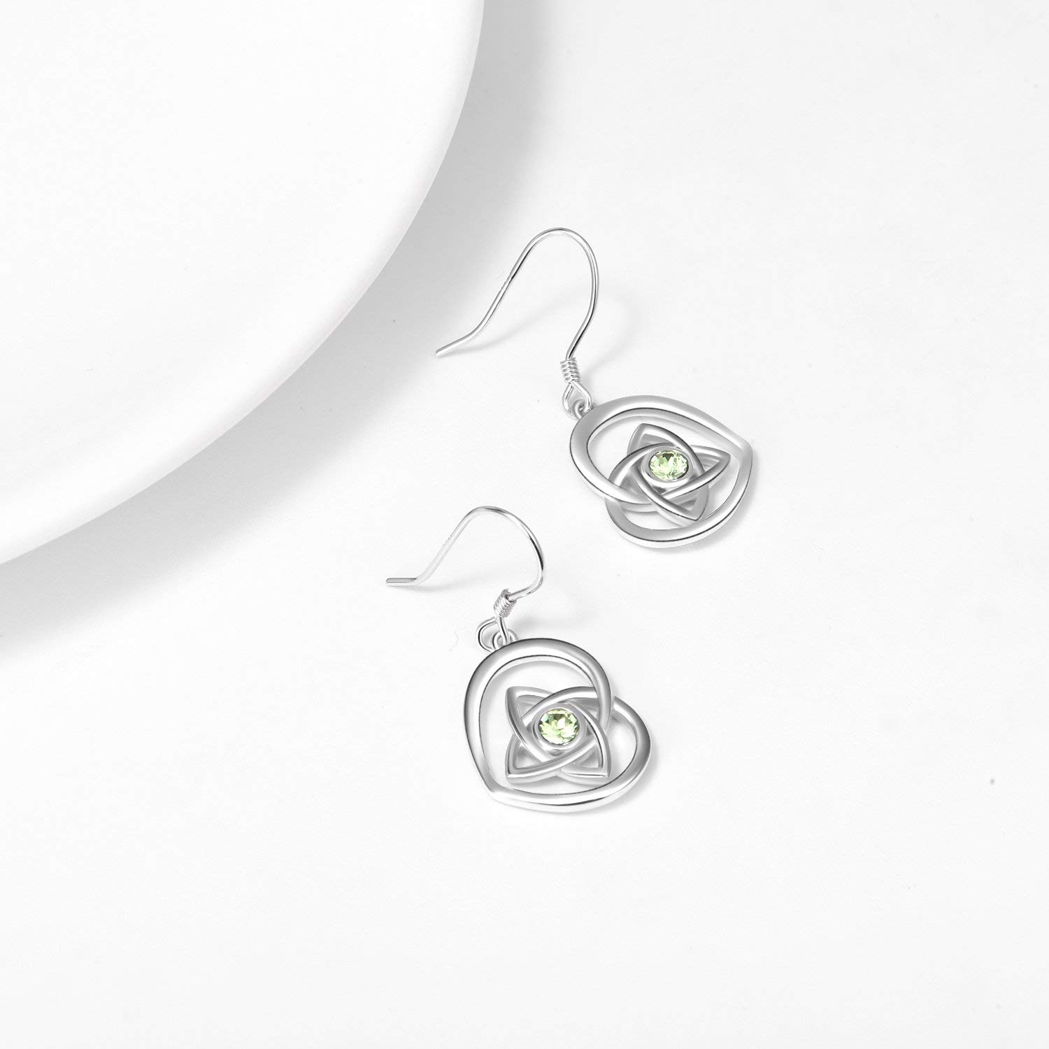 AOBOCO Sterling Silver Irish Earrings, French Hook Heart Dangle Drop Celtic Earrings, Simulated Peridot Crystals from Austria, Anniversary Birthday Irish Celtic Jewelry Gifts for Women(Olive Green)