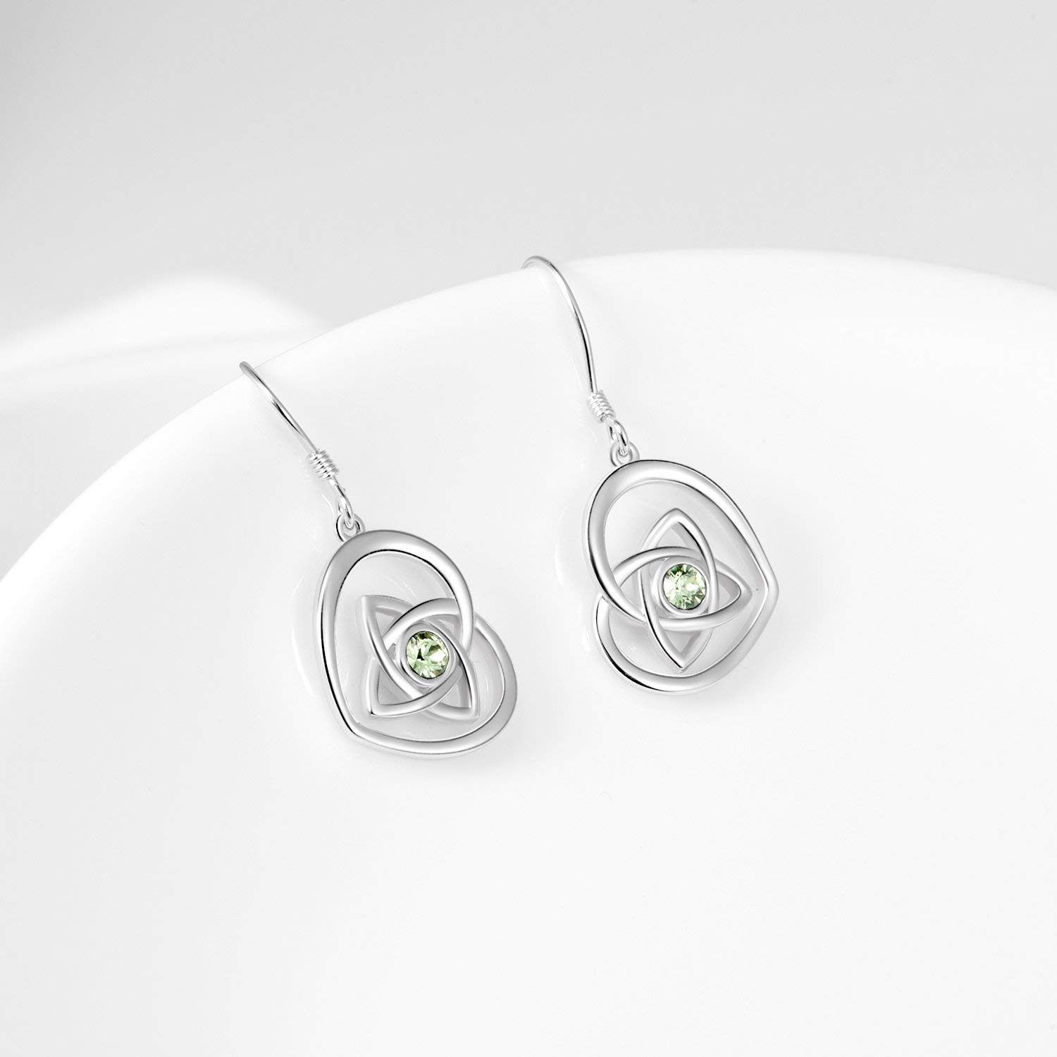 AOBOCO Sterling Silver Irish Earrings, French Hook Heart Dangle Drop Celtic Earrings, Simulated Peridot Crystals from Austria, Anniversary Birthday Irish Celtic Jewelry Gifts for Women(Olive Green)