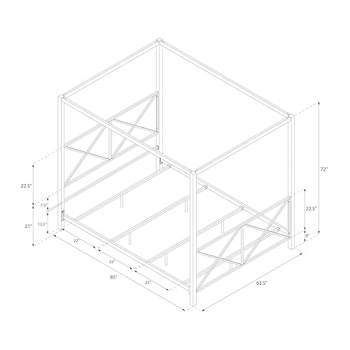 DHP Rosedale Metal Canopy Bed Frame with Four Poster Design and Geometric Accented Headboard and Footboard, Underbed Storage Space, Queen, Gold