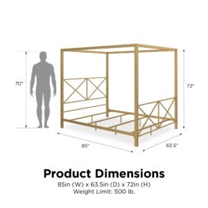 DHP Rosedale Metal Canopy Bed Frame with Four Poster Design and Geometric Accented Headboard and Footboard, Underbed Storage Space, Queen, Gold