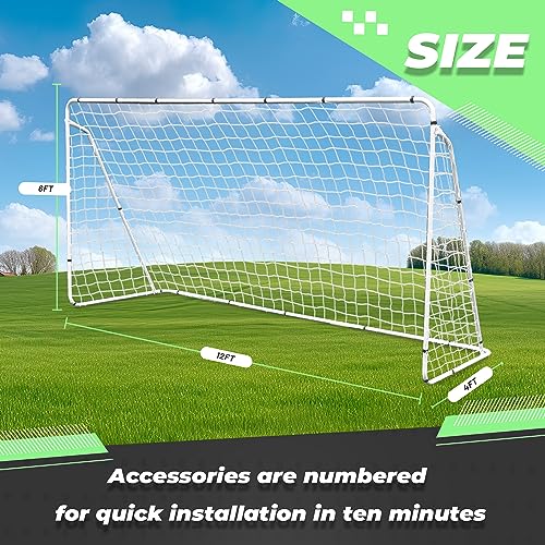 F2C Soccer Net 12 x 6 Soccer Goal for Backyard, Steel Frame for Kids, Adult Portable Shooting Training Aid with Carry Bag,Ground Stakes Waterproof