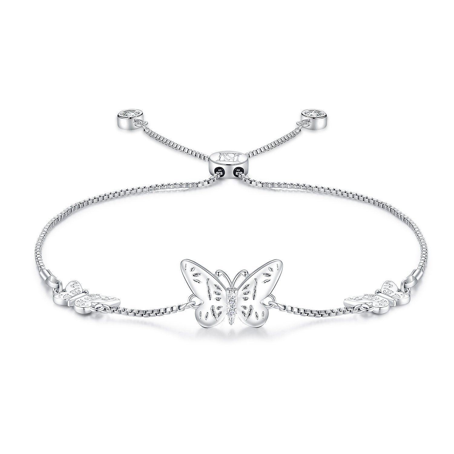 NINAMAID Silver Butterfly Charms Expandable Bolo Bracelet with Sparkling Cubic Zirconia Adjustable White Gold Plated Women Jewelry