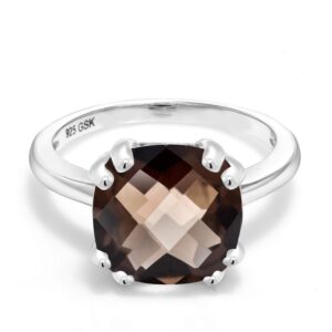 gem stone king 925 sterling silver brown smoky quartz double prong ring for women (3.07 cttw, cushion checkerboard 10mm, available in size 5, 6, 7, 8, 9)