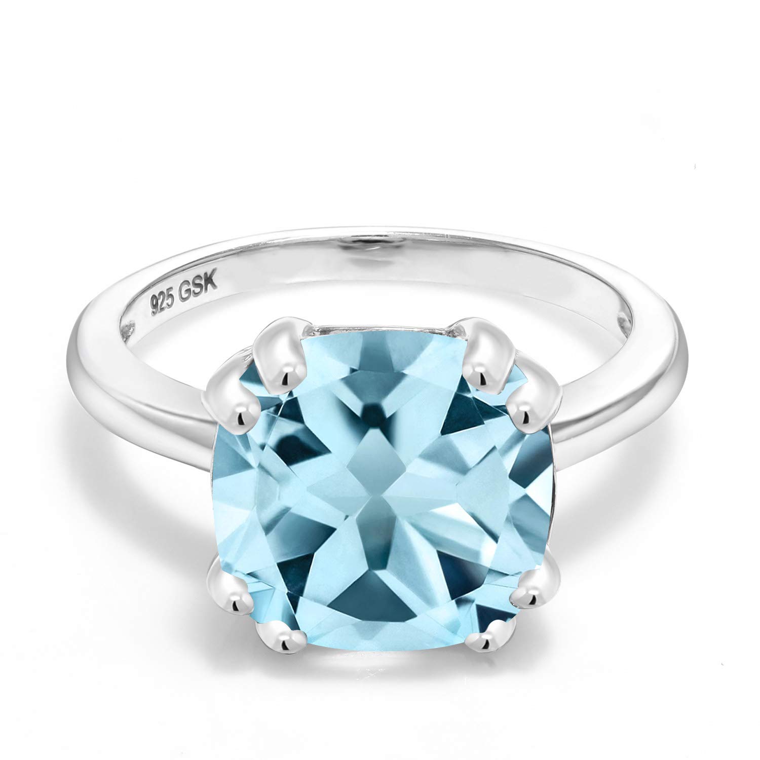 Gem Stone King 925 Sterling Silver Sky Blue Topaz Engagement Ring | Double Prong Ring for Women | 4.25 Cttw | Cushion Cut 10MM | Gemstone Birthstone | Available in size 5, 6, 7, 8, 9