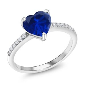 Gem Stone King 925 Sterling Silver Blue Created Sapphire Ring For Women (1.14 Cttw, Heart Shape 8MM, Available in size 5, 6, 7, 8, 9)