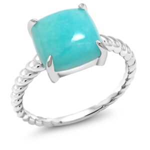 Gem Stone King 925 Sterling Silver 10MM Square Cabochon Sleeping Beauty Green Turquoise Ring For Women | Available In Size 5, 6, 7, 8, 9