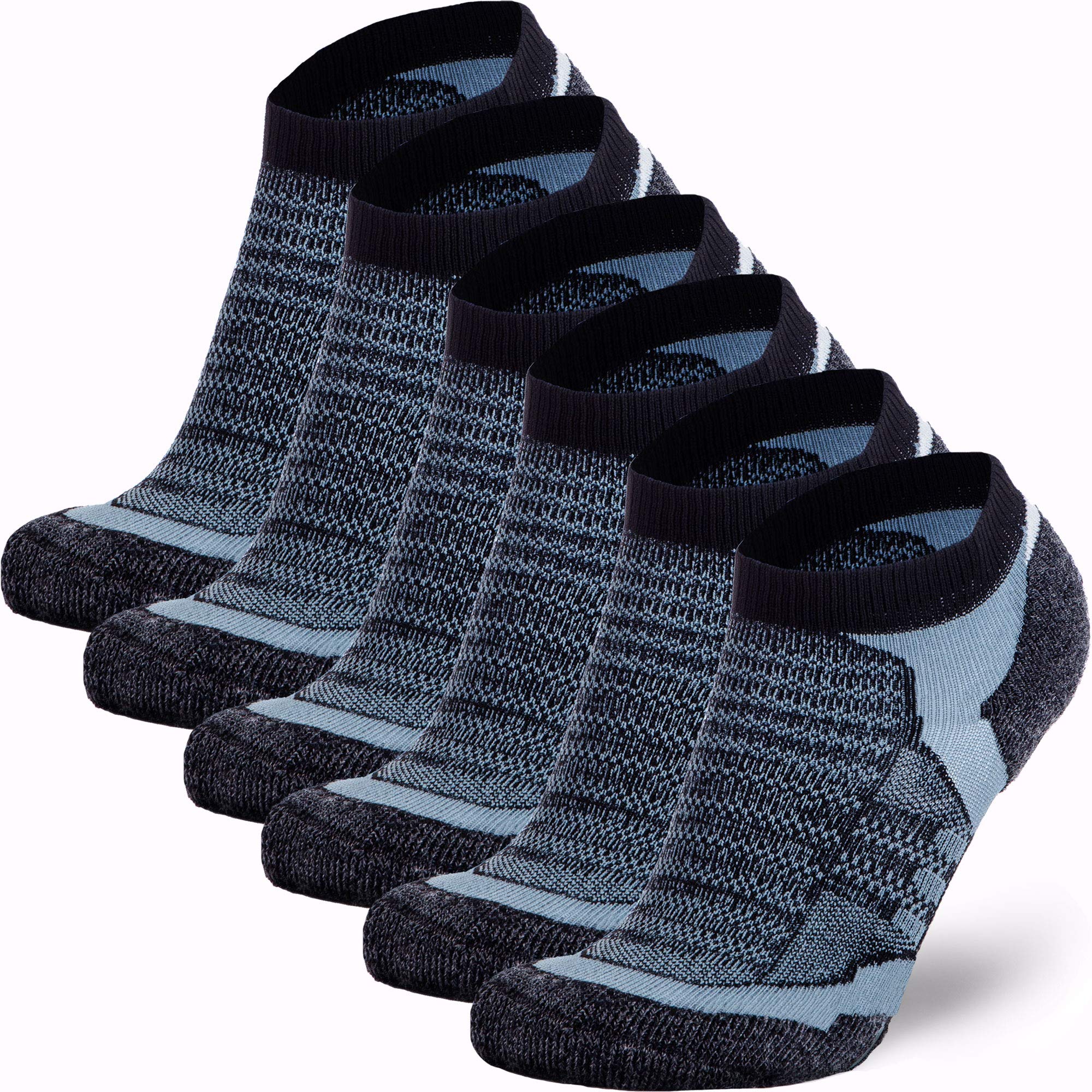 Pure Athlete Merino Wool Socks - Low Show Cushioned Athletic Padded Running Sock (6 Pack - Black/Grey, Large)