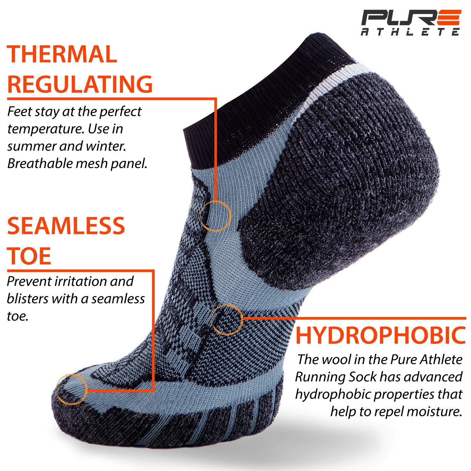 Pure Athlete Merino Wool Socks - Low Show Cushioned Athletic Padded Running Sock (6 Pack - Black/Grey, Large)