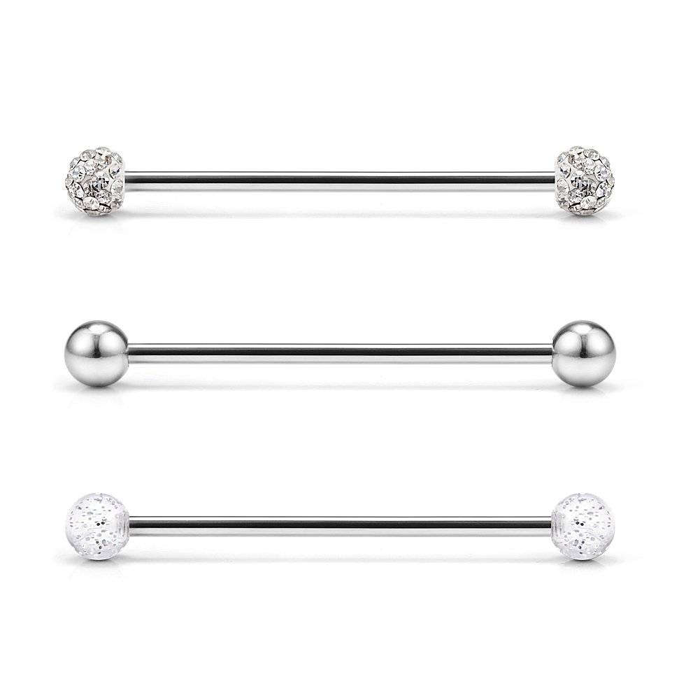 Ruifan 3PCS 14G Stainless Steel Crystal Ferido Ball Short Industrial Barbell Earring Cartilage Body Piercing Jewelry 1 1/4 Inch(32mm)