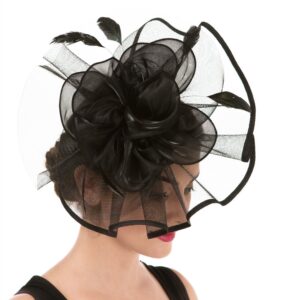 Fascinator Women's Organza Church Kentucky Derby British Bridal Tea Party Wedding Hat Summer Ruffle Hat(Hj2-Black)