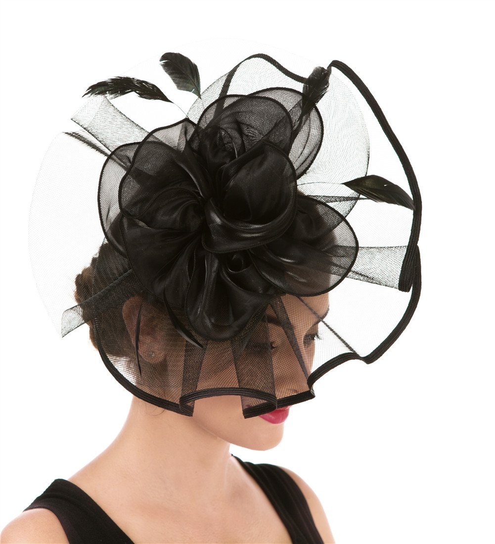 Fascinator Women's Organza Church Kentucky Derby British Bridal Tea Party Wedding Hat Summer Ruffle Hat(Hj2-Black)