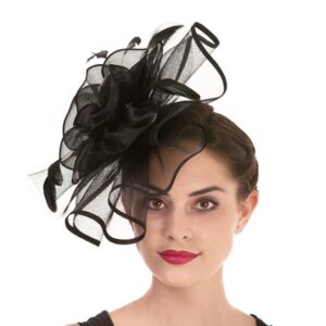 Fascinator Women's Organza Church Kentucky Derby British Bridal Tea Party Wedding Hat Summer Ruffle Hat(Hj2-Black)