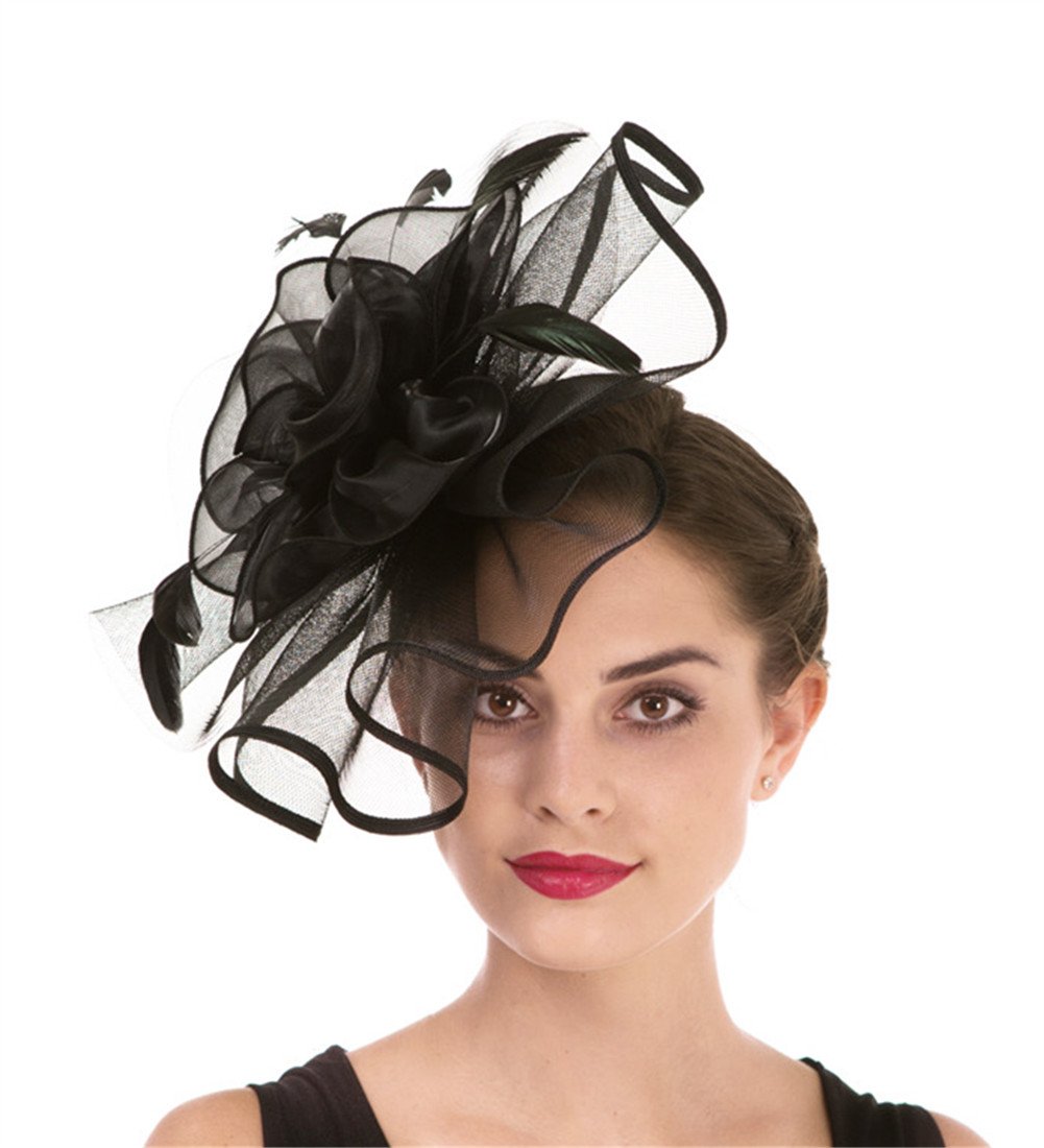 Fascinator Women's Organza Church Kentucky Derby British Bridal Tea Party Wedding Hat Summer Ruffle Hat(Hj2-Black)