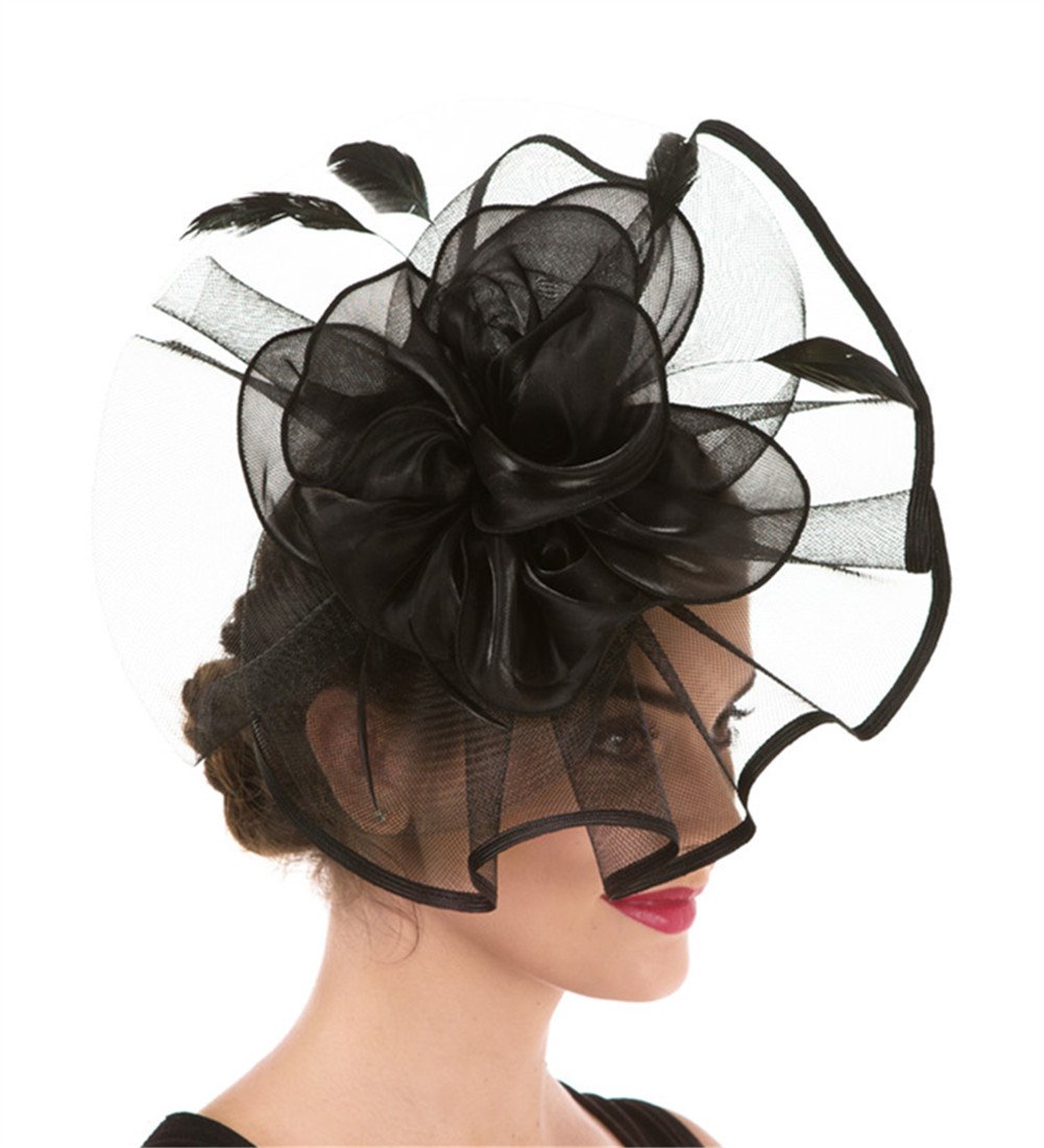 Fascinator Women's Organza Church Kentucky Derby British Bridal Tea Party Wedding Hat Summer Ruffle Hat(Hj2-Black)