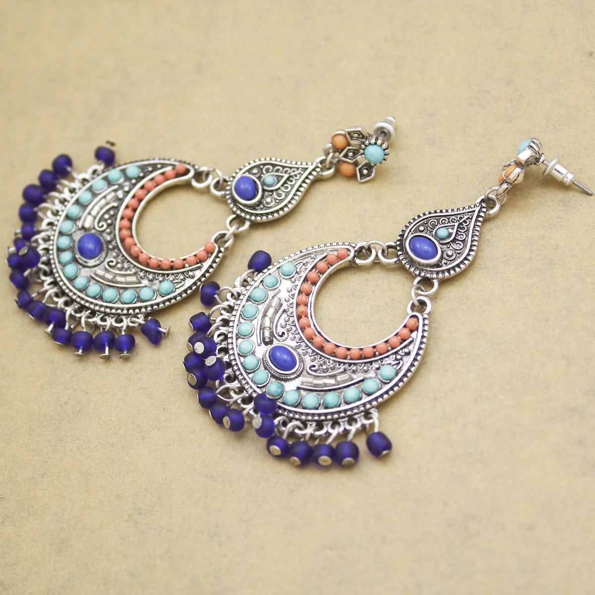 RechicGu Retro Silver Women Indian Earrings Tribal Vintage Crescent Blue Stone Jhumki Jhumka Banjara Kuchi Belly Dance Gypsy Oxidized Earrings