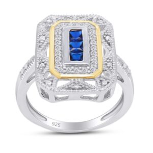 14k white gold over sterling silver simulated blue sapphire & diamond accent art deco-style ring (1/10 cttw, i-j color, i3 clarity) ring size-4