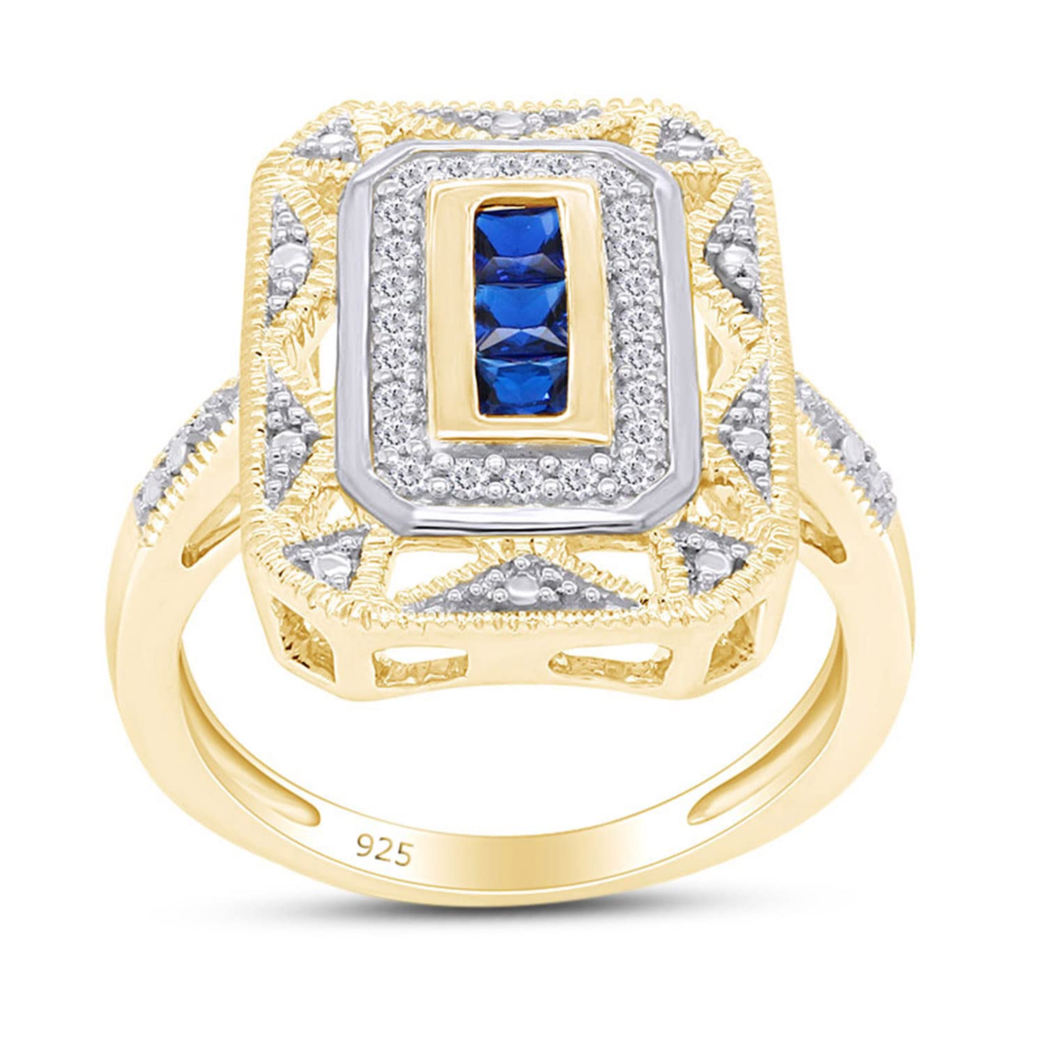 14K Yellow Gold Over Sterling Silver Simulated Blue Sapphire & Diamond Accent Art Deco-Style Ring (1/10 cttw, I-J Color, I3 Clarity) Ring Size-7