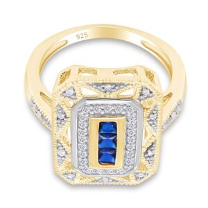 14K Yellow Gold Over Sterling Silver Simulated Blue Sapphire & Diamond Accent Art Deco-Style Ring (1/10 cttw, I-J Color, I3 Clarity) Ring Size-7