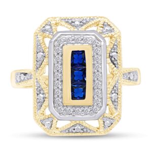 14K Yellow Gold Over Sterling Silver Simulated Blue Sapphire & Diamond Accent Art Deco-Style Ring (1/10 cttw, I-J Color, I3 Clarity) Ring Size-7