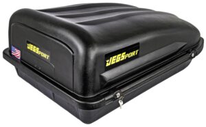 jegs rooftop cargo carrier for car storage - small roof rack cargo carrier - heavy duty weatherproof storage - made in usa - 10 cubic ft - 110 lb capacity - zero tool easy assembly - aero design